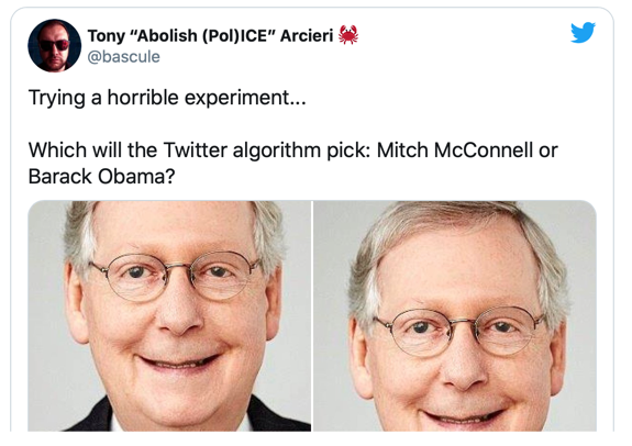 The tweet on the experiment with the faces of Mitch McConnell and Barack Obama combined on a long stretching original that requires cropping.