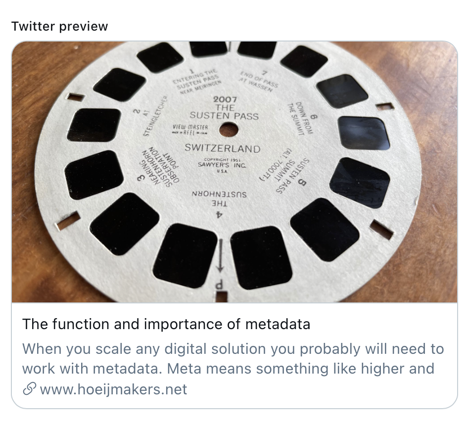 Twitter card preview of this post on the function and importance of metadata.