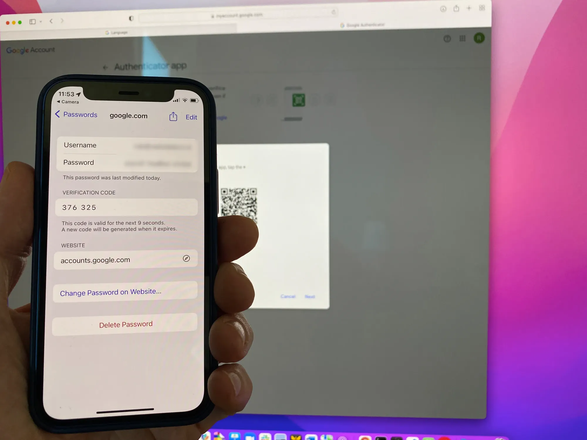 Image showing how to connect 2FA token to account in Apple password manager.