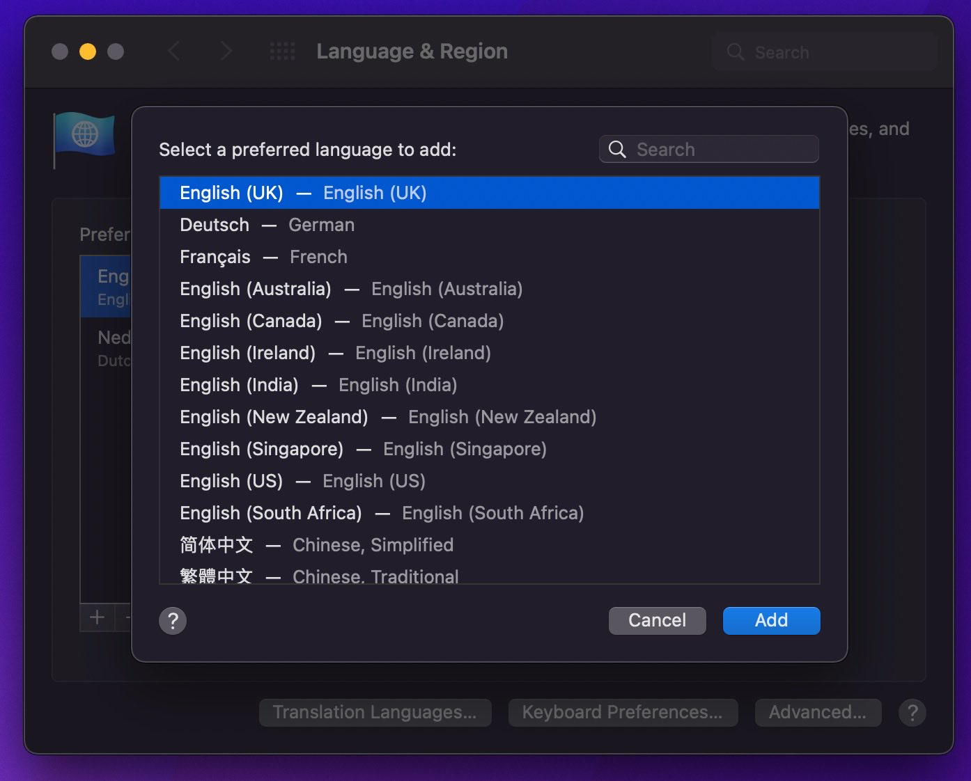 The language system setting on a Mac.