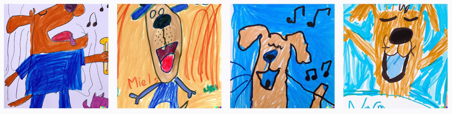A childs drawing of a happy dog singing the blues