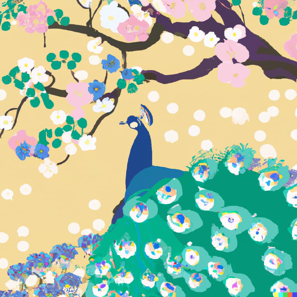 Peacocks and blossom in the style of ukiyo-e.