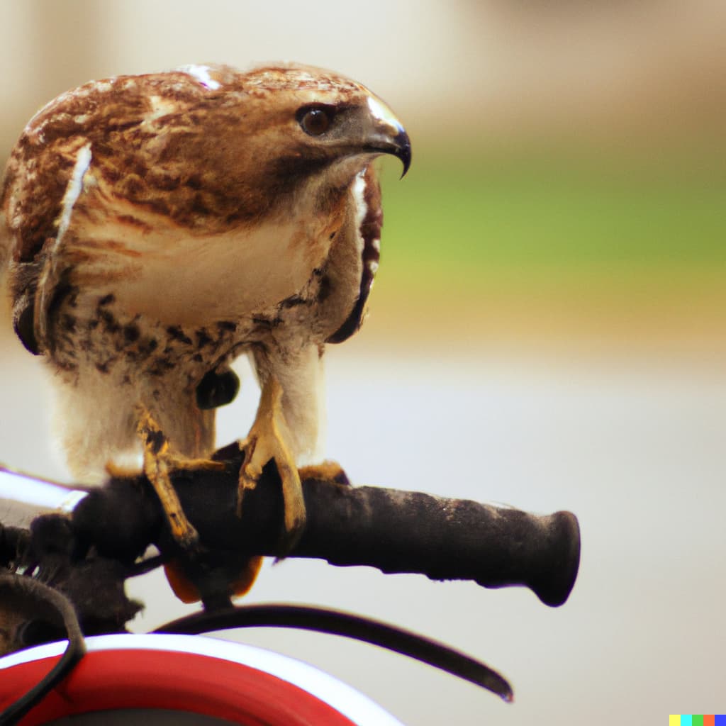 Red-tailed hawk on the handlebars of a bicycle.