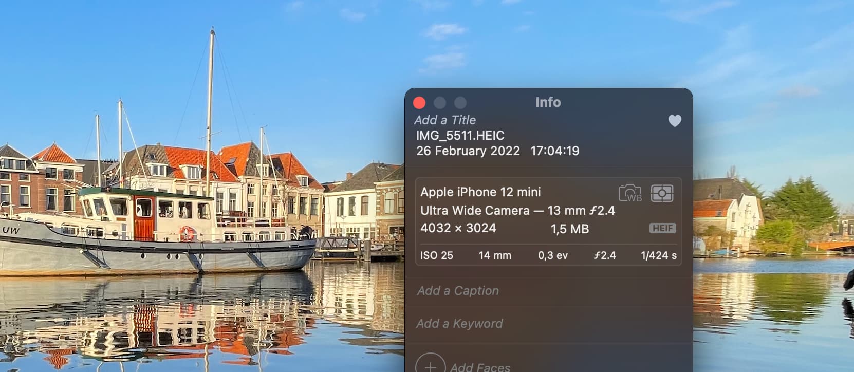 Info on image in Apple Photo showing the HEIC file extension and the HEIF format.