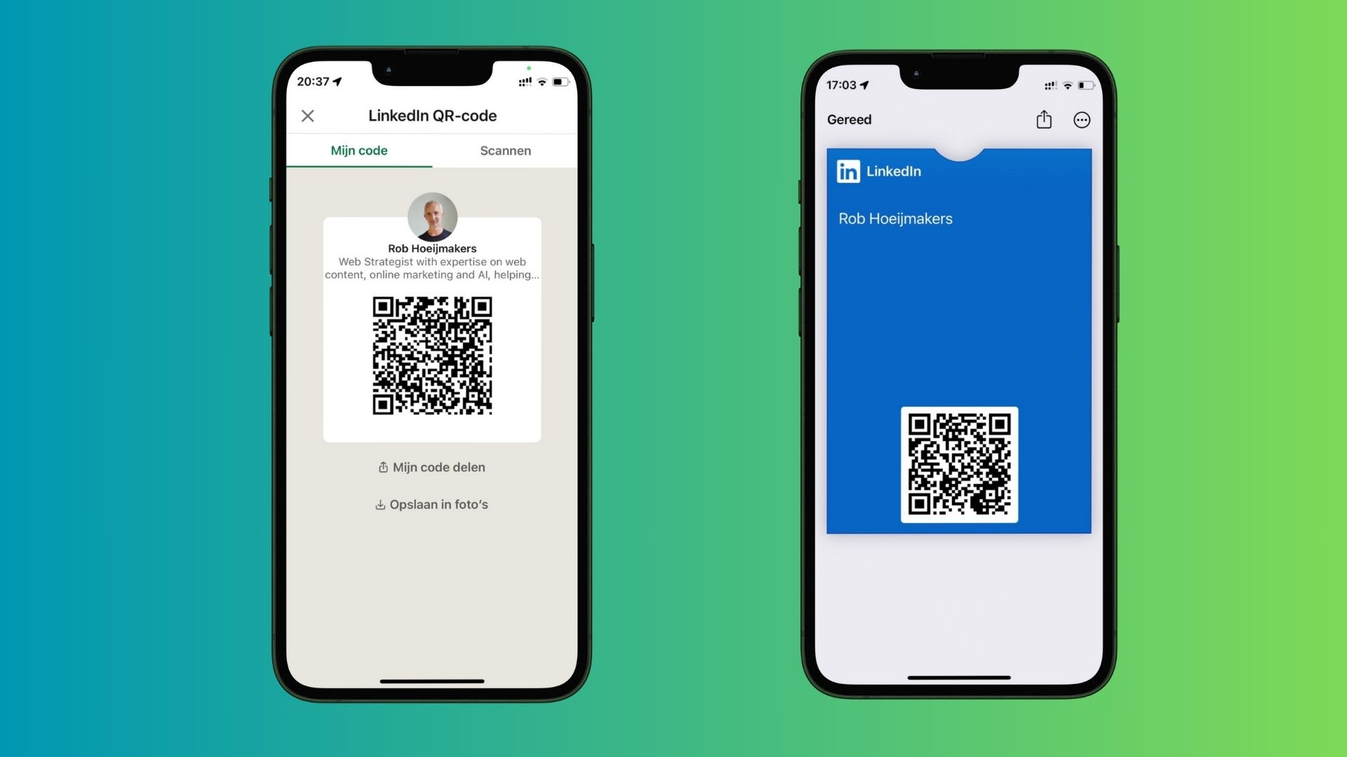 LinkedIn QR code in the app, and the wallet card I made myself.