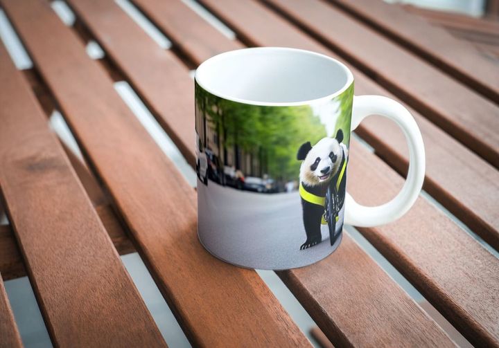 Use Canva and AI to put a bike riding panda on a mug